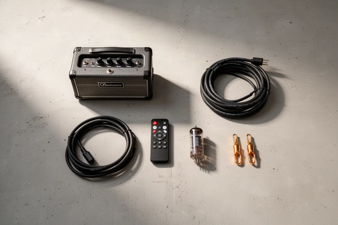 Overhead flat lay of an amplifier, remote, speaker cable, vacuum tube, and banana plugs on concrete
