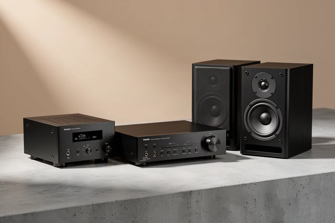 Compact integrated amplifier, stereo receiver, and bookshelf speakers arranged on a concrete surface