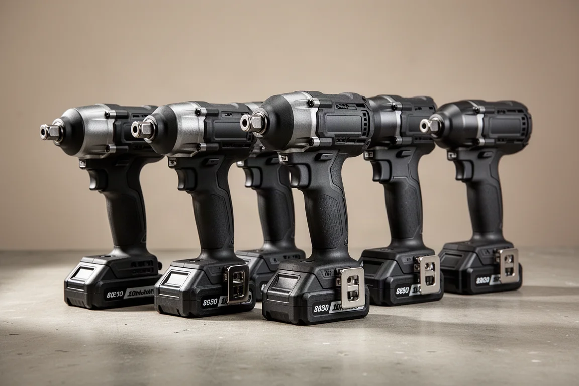 Row of cordless impact wrenches and drivers on a concrete workshop surface