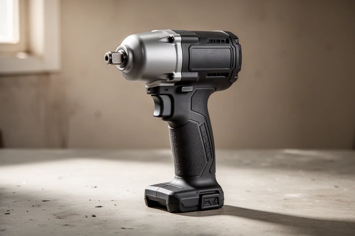 Llave de impacto inalámbrica de media pulgada de tamaño medio sobre un banco de taller de hormigón