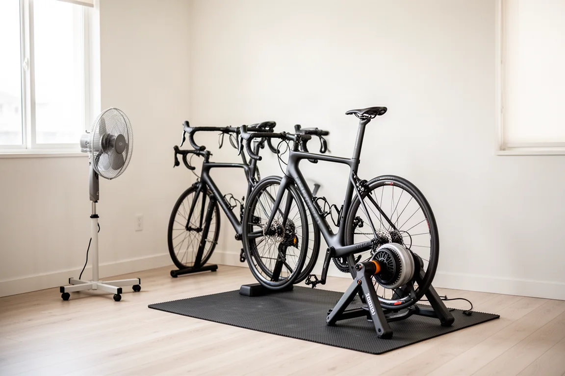Home indoor cycling setup with a bike on a trainer, fan, and wheeled screen stand