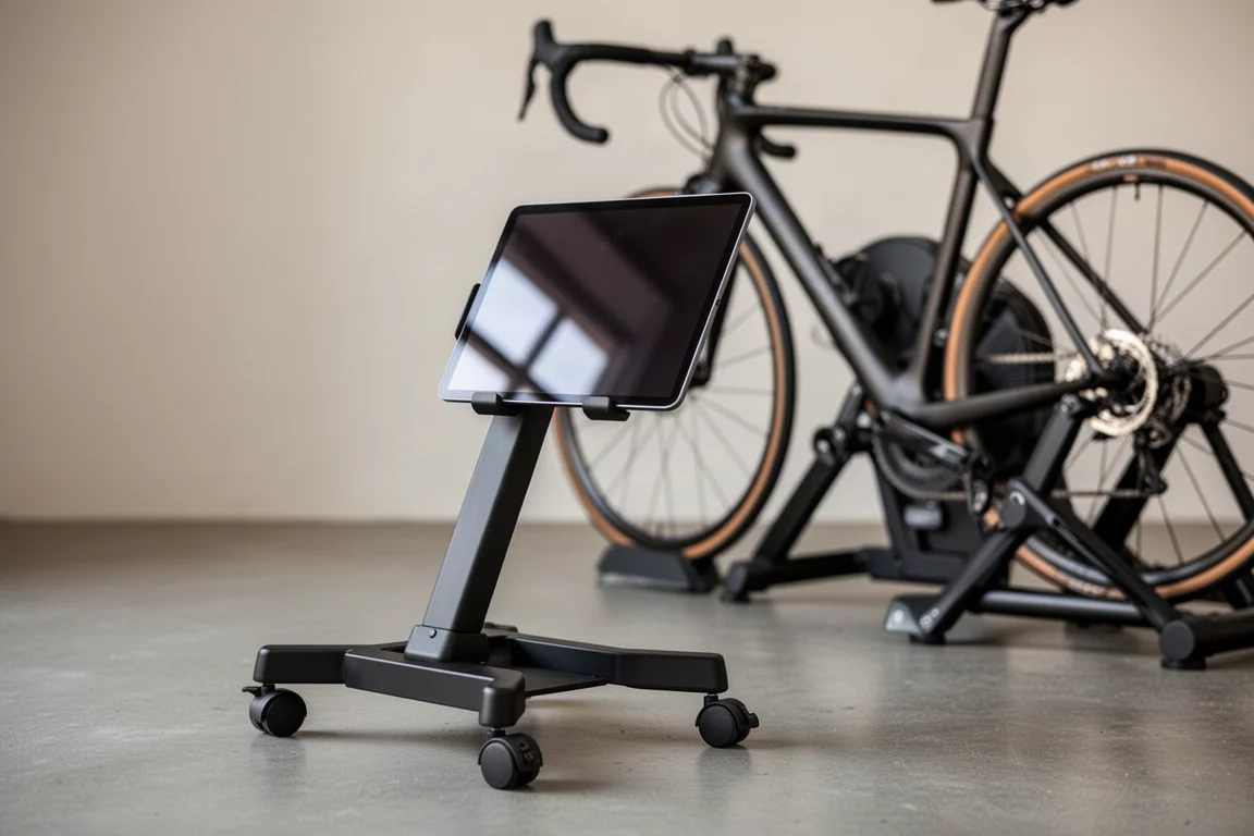 Tablet on a wheeled adjustable stand in front of a road bike on an indoor trainer