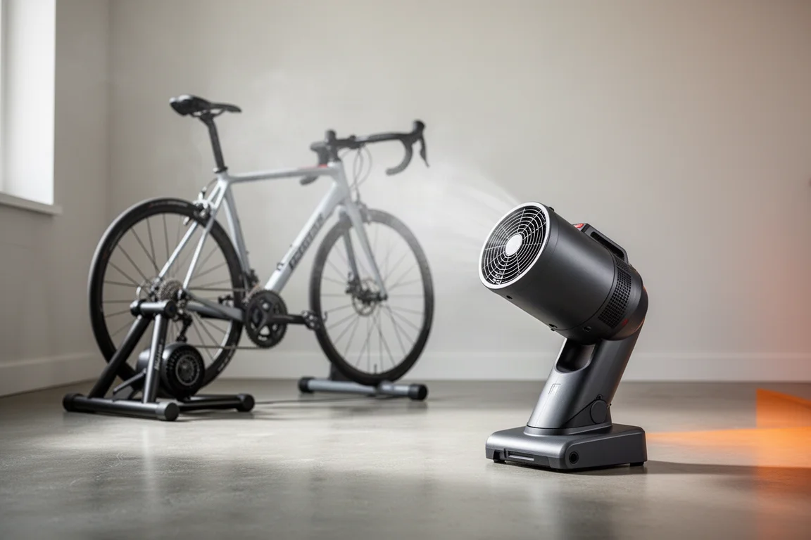 Utility blower fan angled upward toward a road bike on an indoor trainer