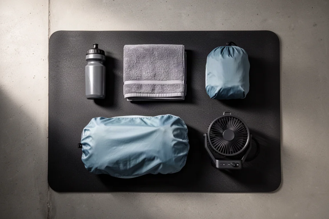 Flat lay of indoor cycling accessories on a rubber training mat