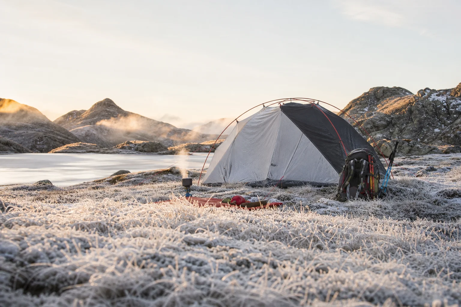 Camper setting up a tent on frozen ground with frost visible on grass