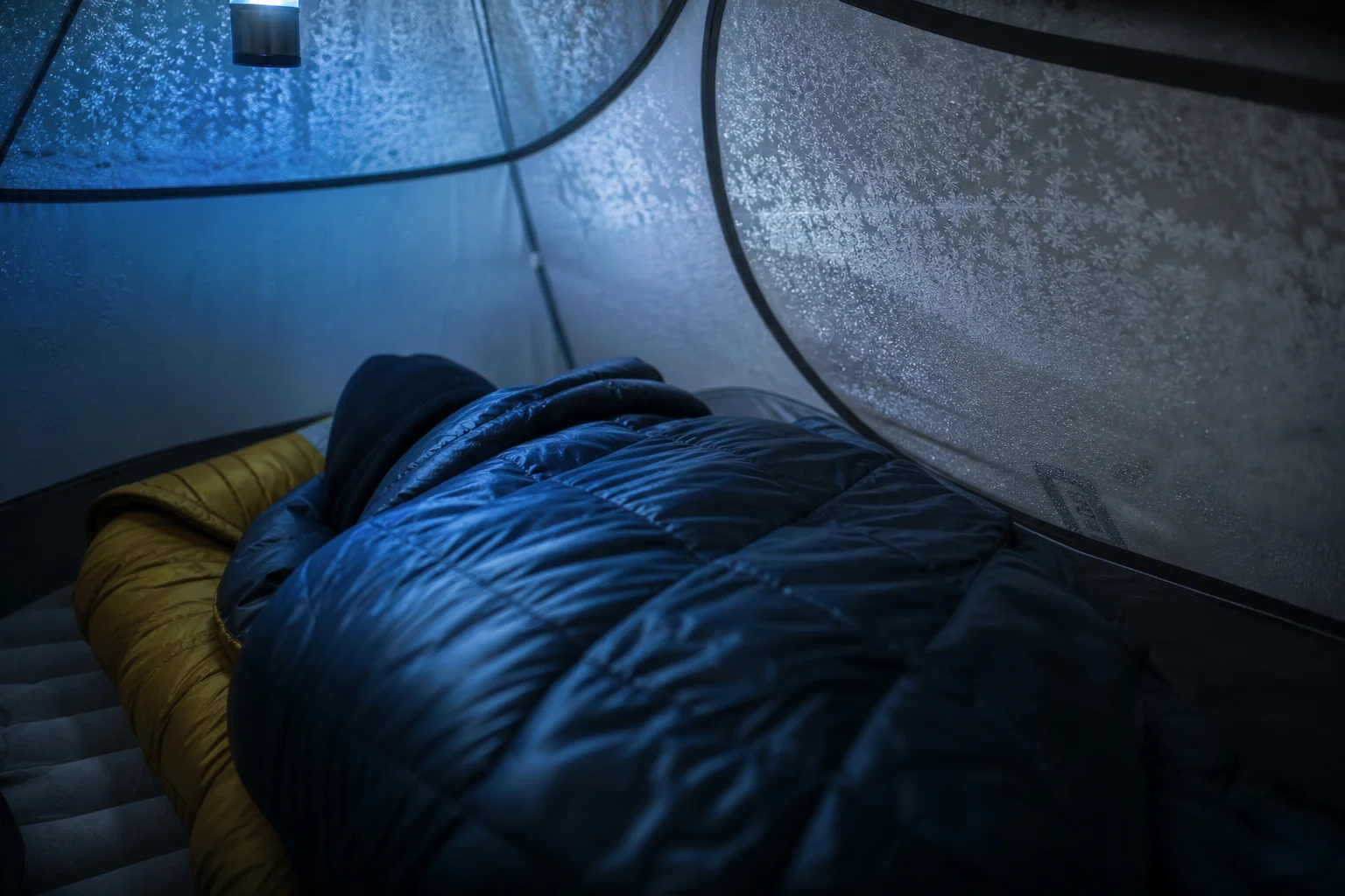 Camper inside a tent at night with layered sleep system visible, frost on tent fabric