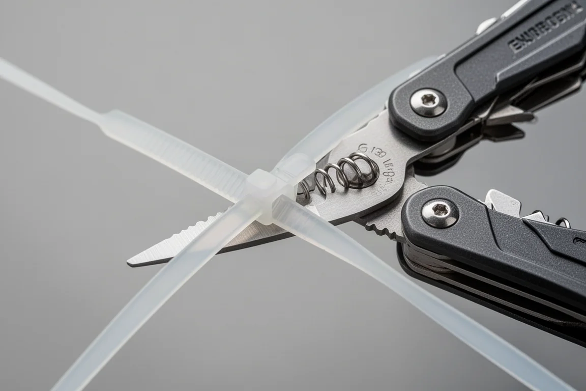 Otwarty multitool z ząbkowanymi nożycami ratunkowymi i mechanizmem sprężynowym