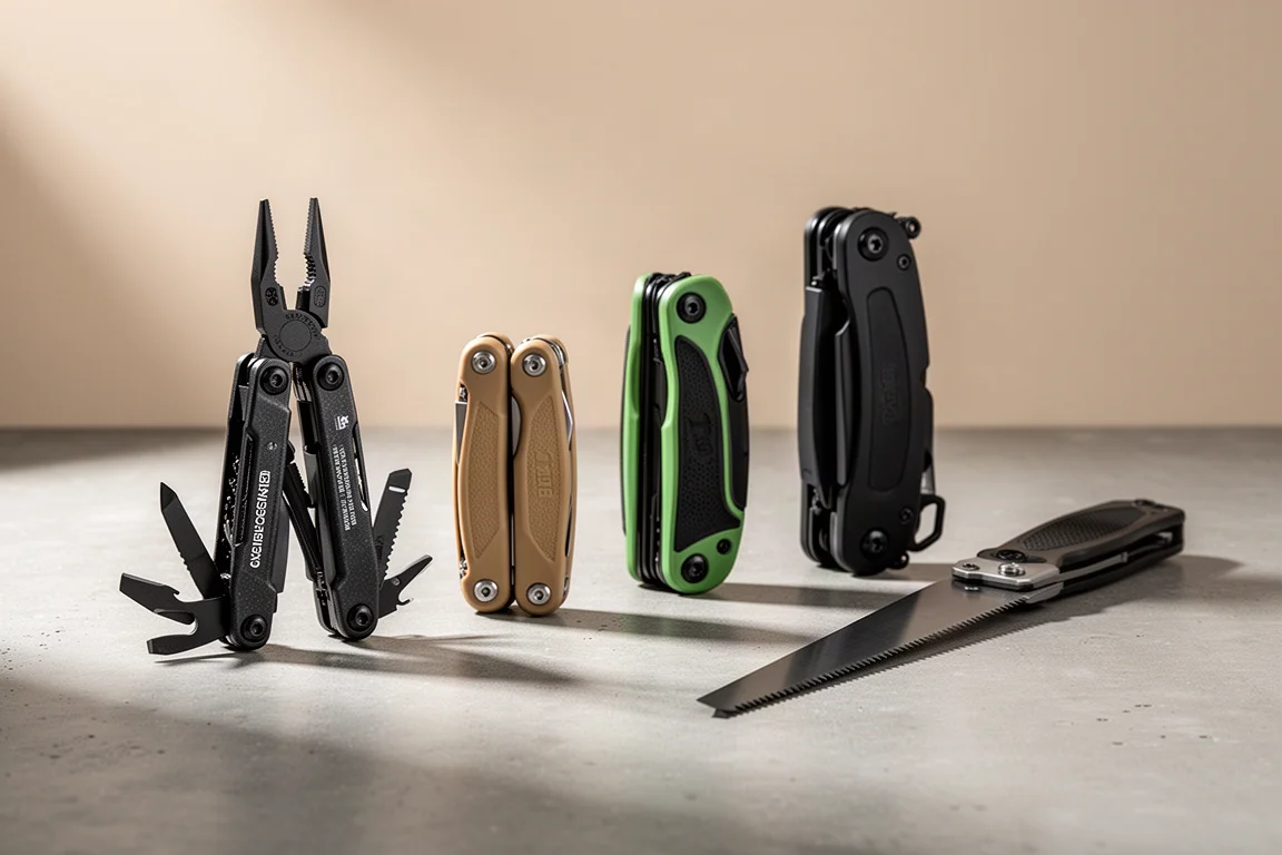 Vier inklapbare multitools in verschillende maten en kleuren op een betonnen ondergrond