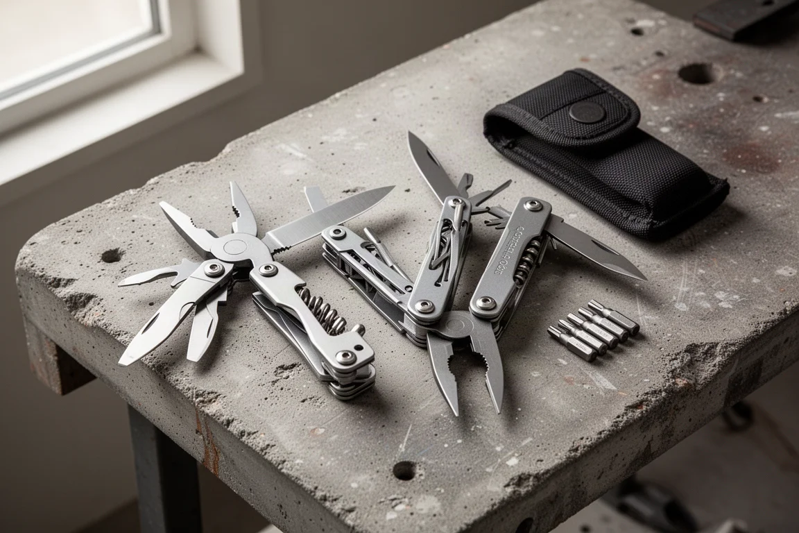 Trzy multitool rozłożone na betonowym blacie warsztatowym