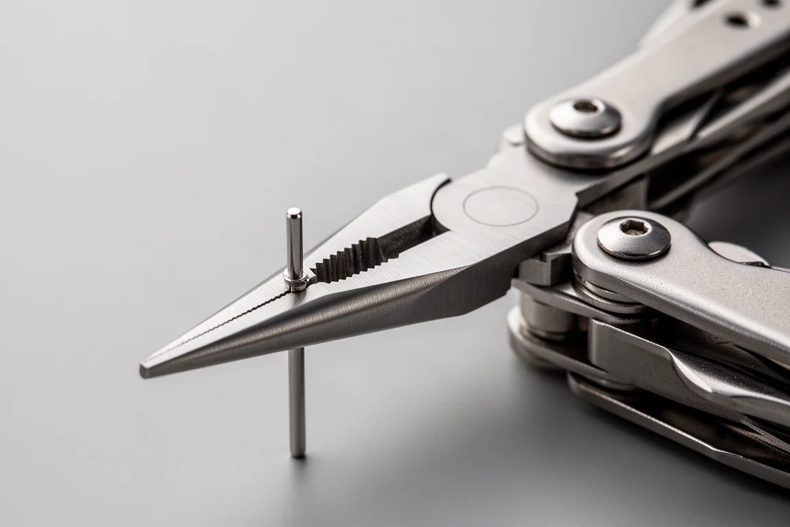 Zbliżenie na szczęki szczypiec multitool chwytających mały pin