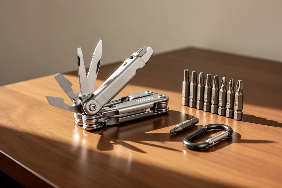Multitool leżący na drewnianym biurku obok małego zestawu bitów