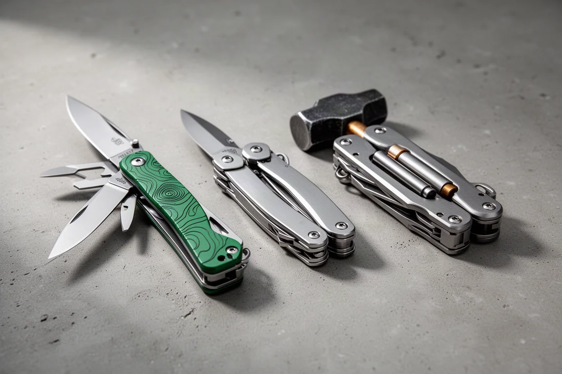 Three folding multi-tools arranged on a matte concrete surface