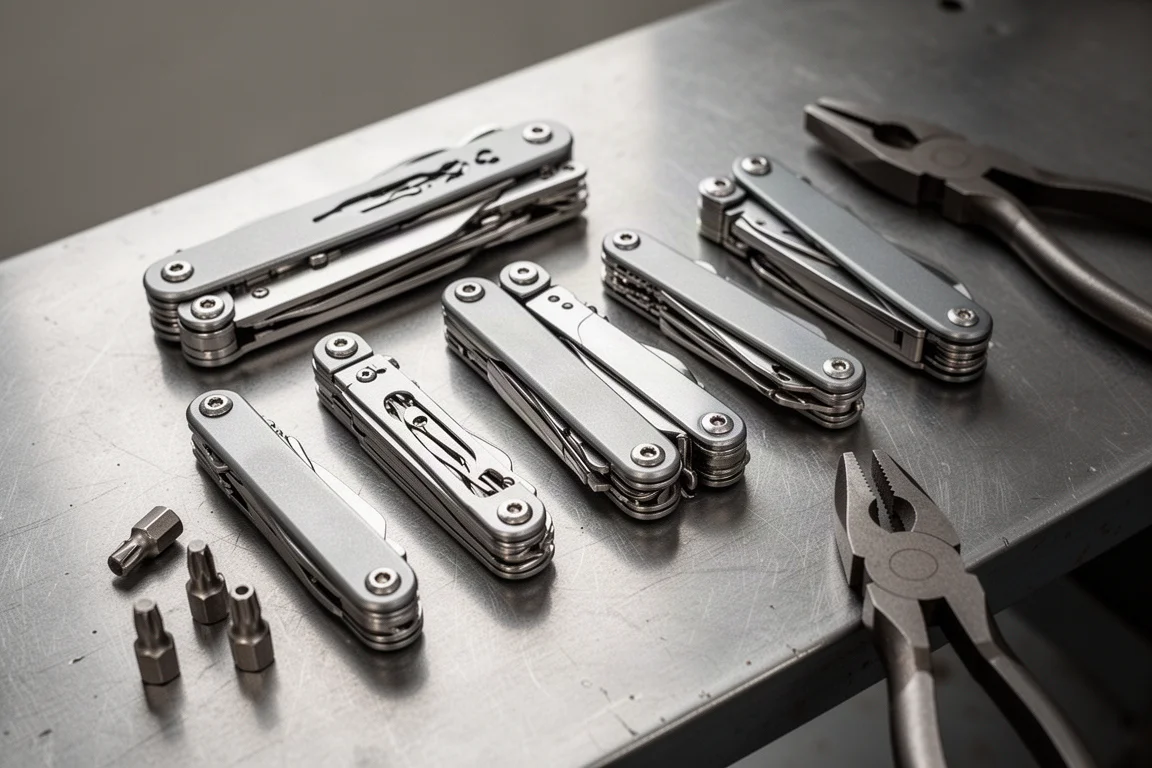Row of folding multi-tools laid out on a workbench beside small hardware