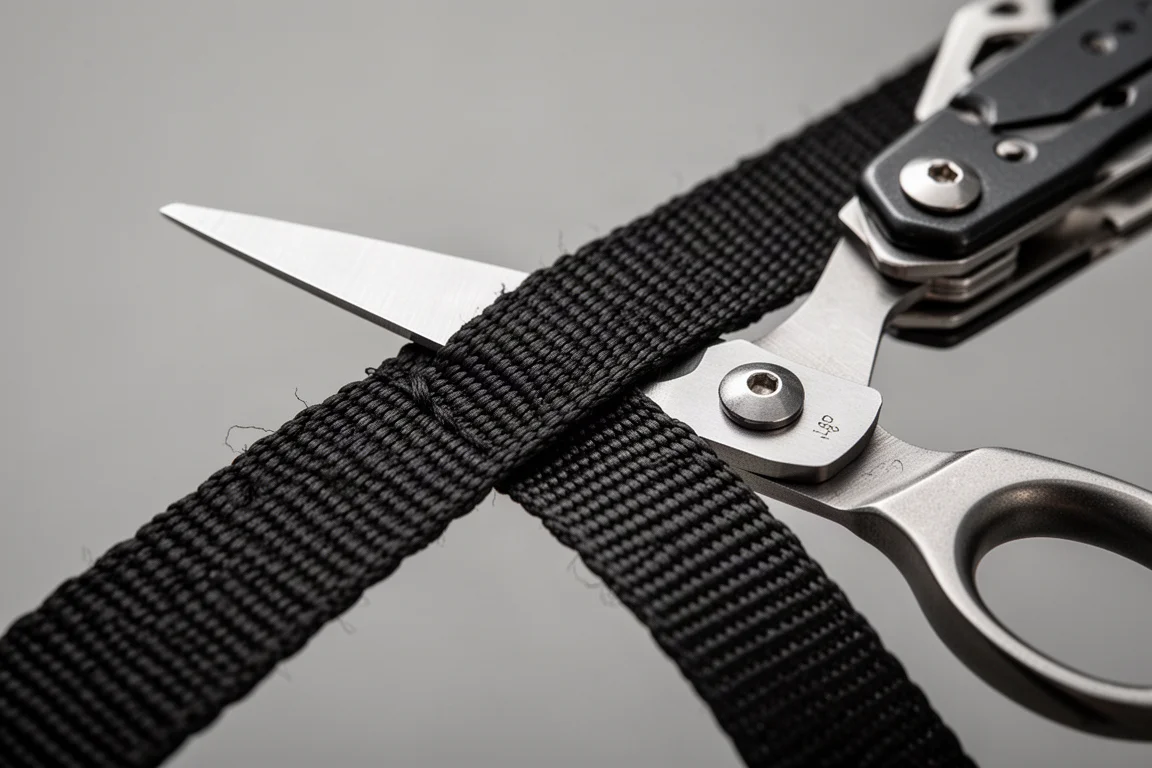 Close-up of multi-tool scissors cutting through tough fabric webbing