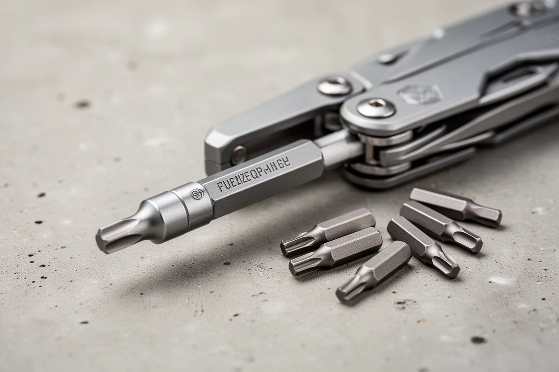 Quarter-inch hex bits arranged next to a multi-tool bit driver