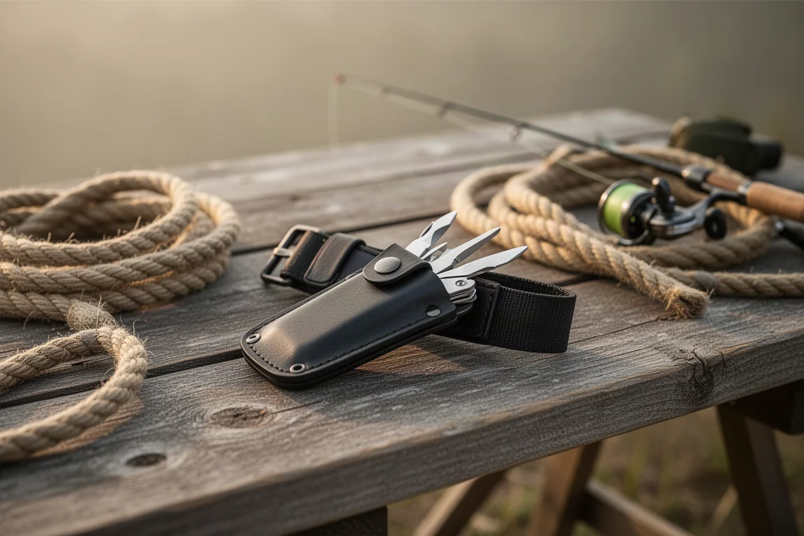 Multi-tool clipped to a belt sheath on a workbench during an outdoor trip