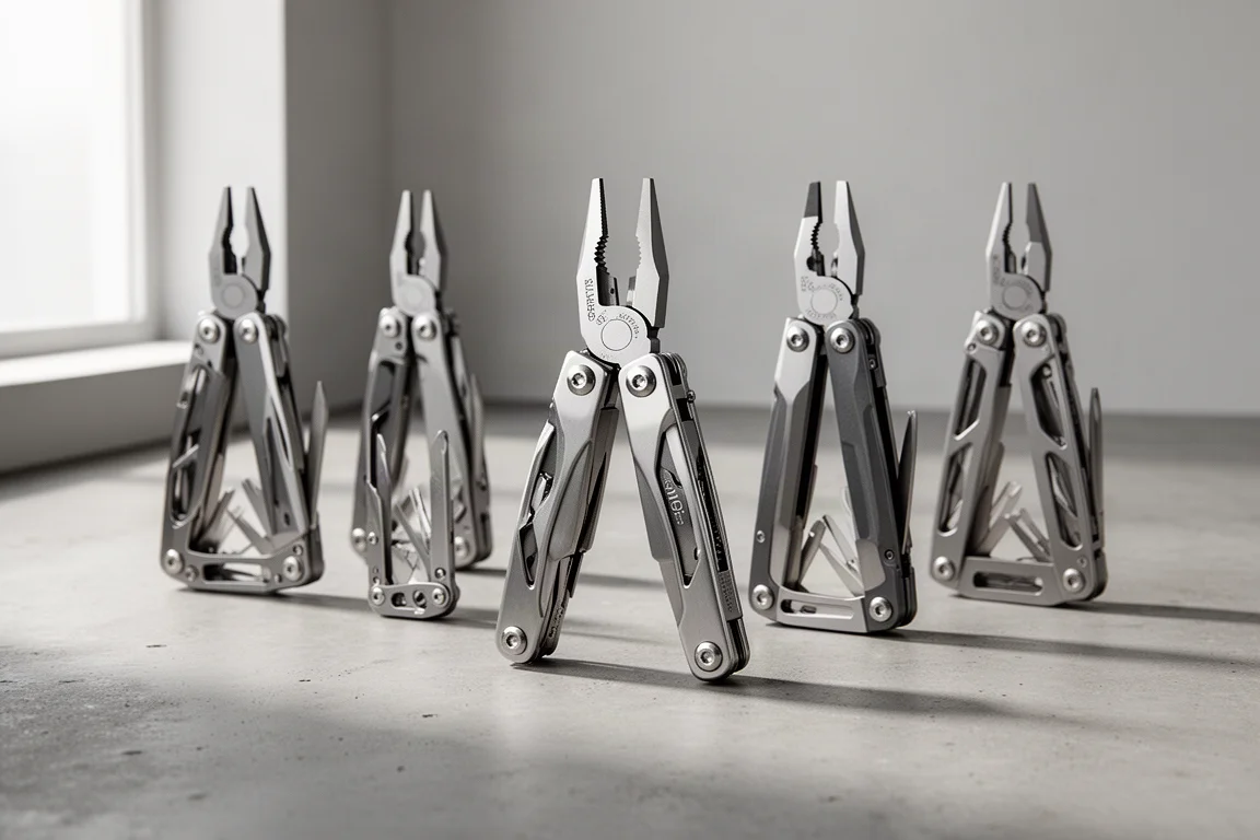 Rij inklapbare multitools, waaronder een premium model en goedkope klonen, op beton