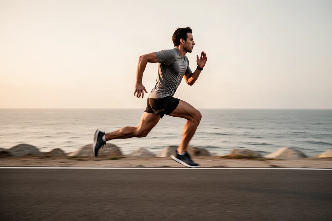 Runner accelerating on an asphalt path during a speed session