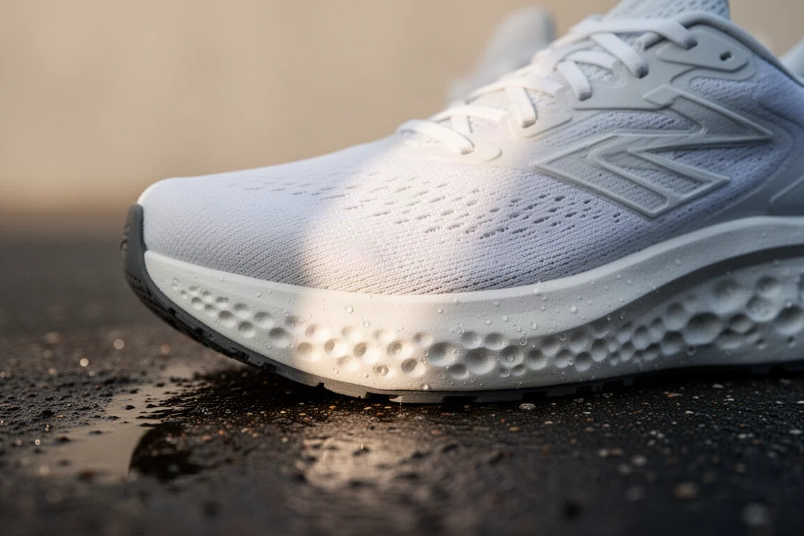 Close-up of a cushioned running shoe midsole on a wet pavement