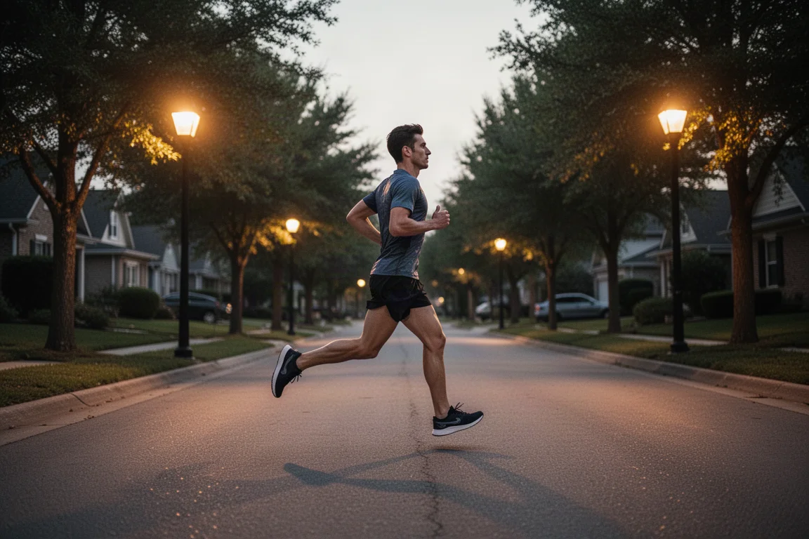 Runner holding tempo pace on a tree-lined road at dusk