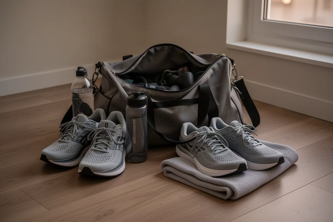 Running shoes packed into a gym bag after a training session