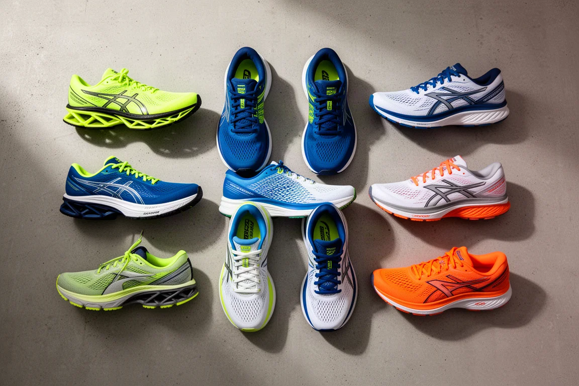 Collection of nine running shoes arranged on a concrete surface