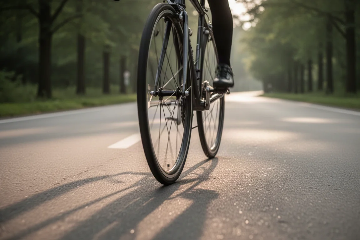 Road bike with deep-section carbon wheels leaning against a stone wall at dawn
