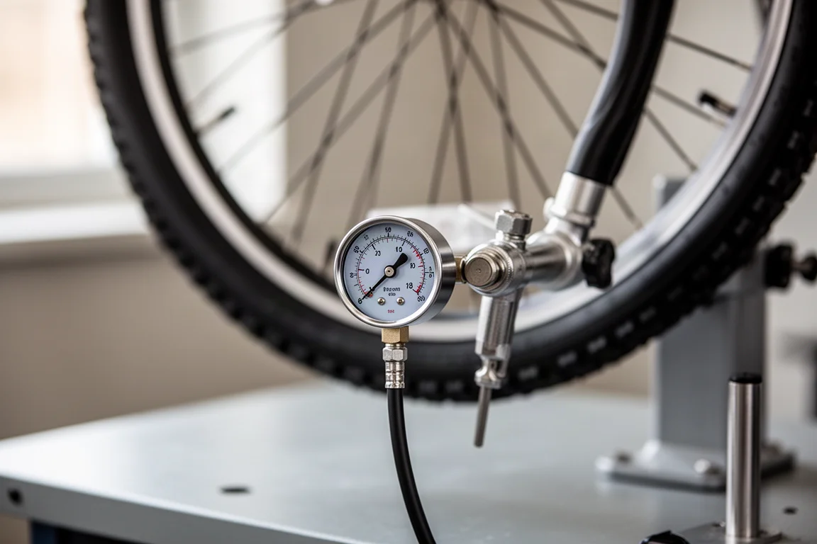 Close-up of a deep-section carbon bicycle rim with bladed spokes and a disc hub