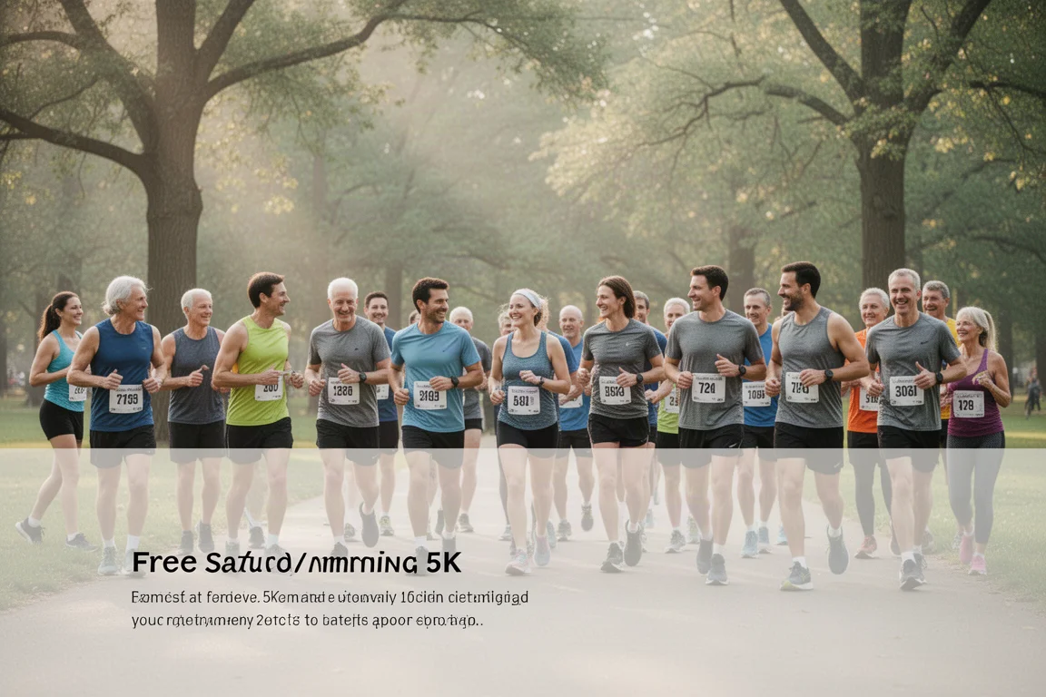 Biegacze gromadzący się na starcie Saturday morning parkrun w parku