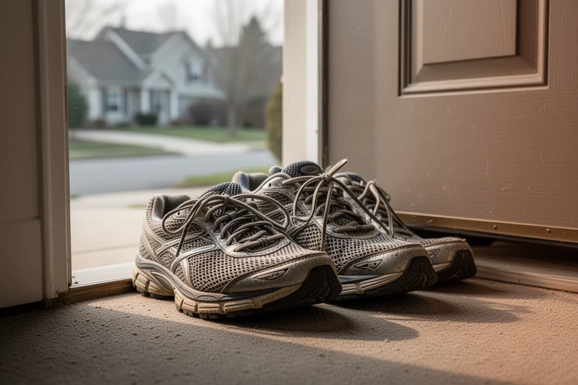 Un runner allaccia scarpe da strada leggere prima di una corsa facile