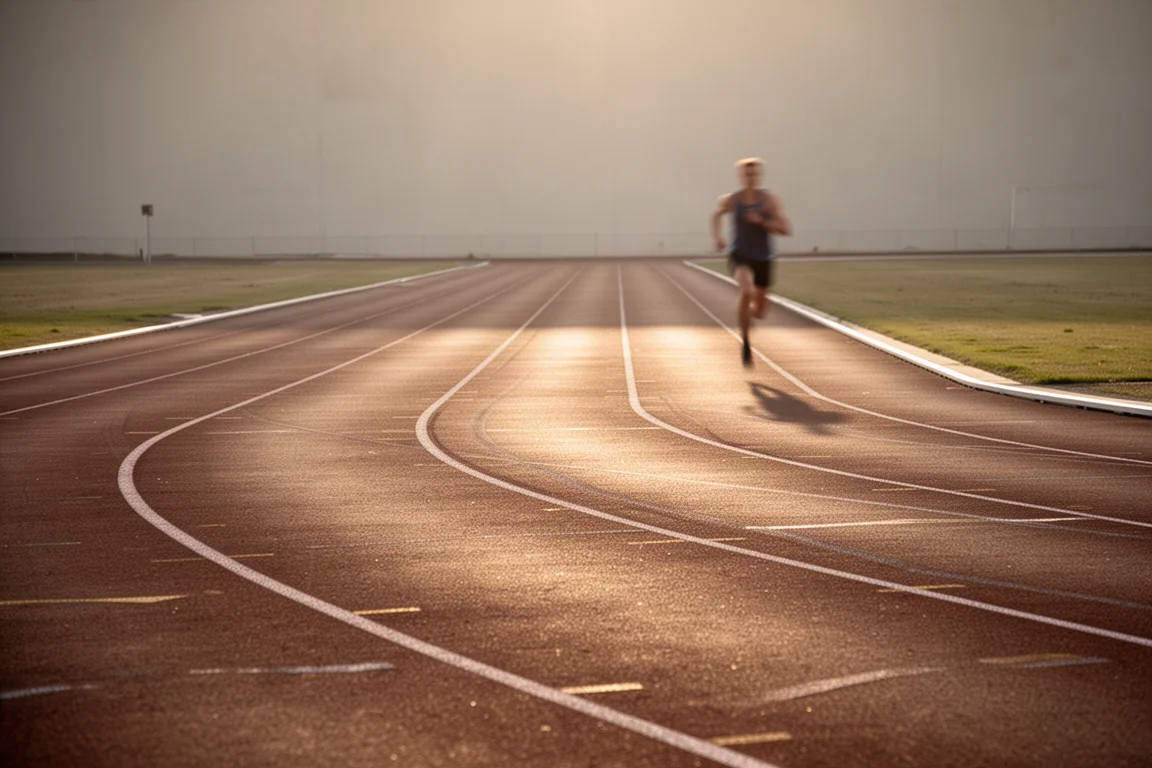 Un atleta corre ripetute veloci su una pista vuota