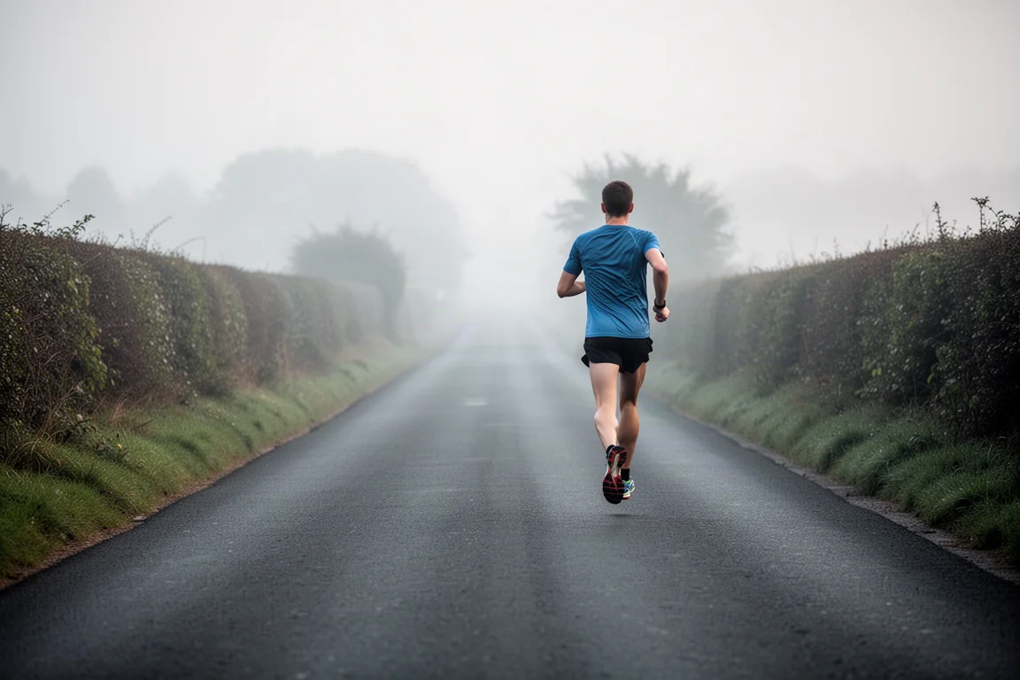 Un runner si allena su una strada di campagna tranquilla durante un lungo fondo lento