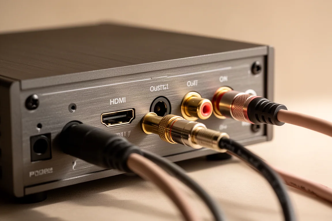 Close-up van het achterpaneel van een versterker met HDMI-, optische en phono-ingangen en kabels