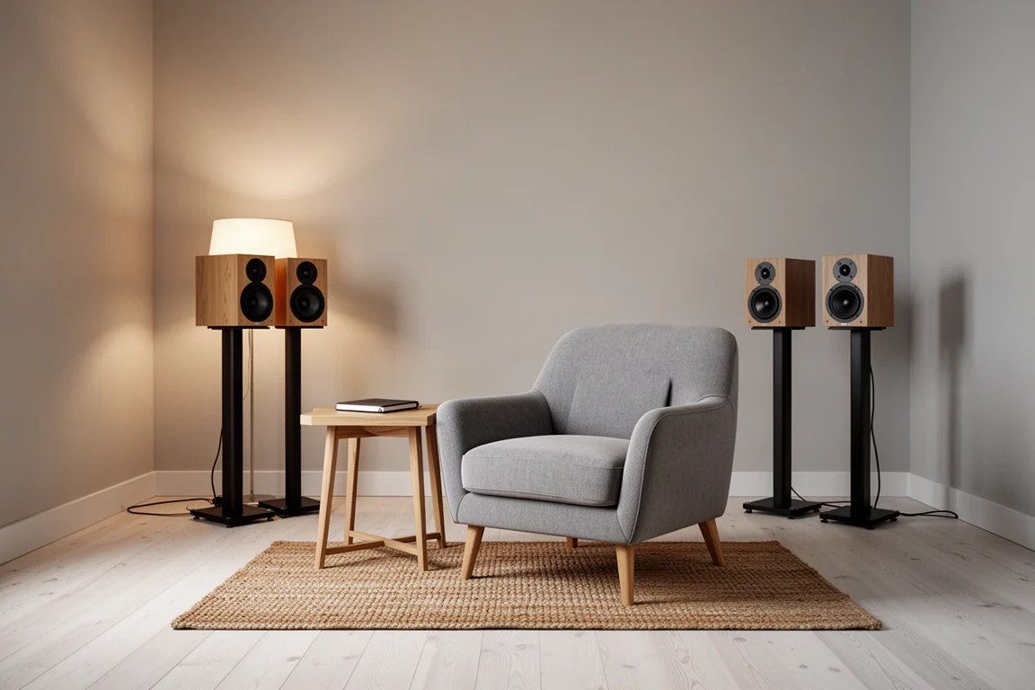 Rustige hoek van een luisterruimte met een fauteuil tegenover twee kleine luidsprekers op stands