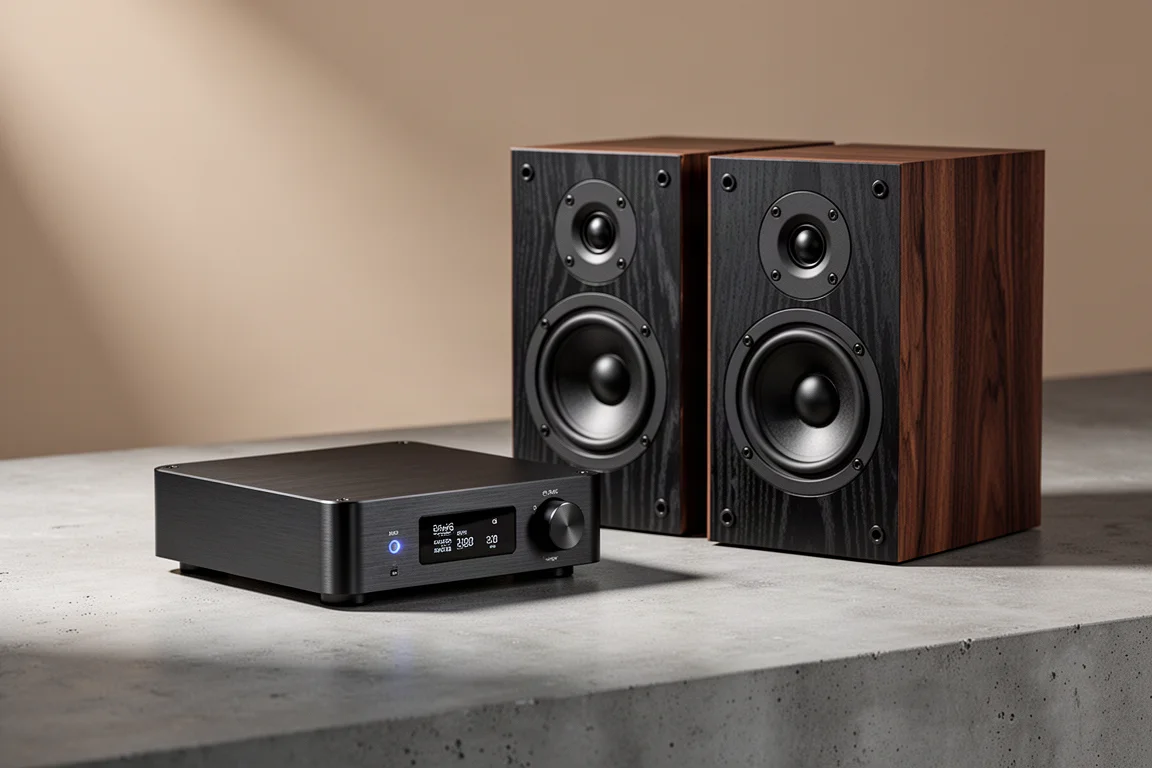 Compact streaming amplifier beside a pair of bookshelf speakers on a concrete surface