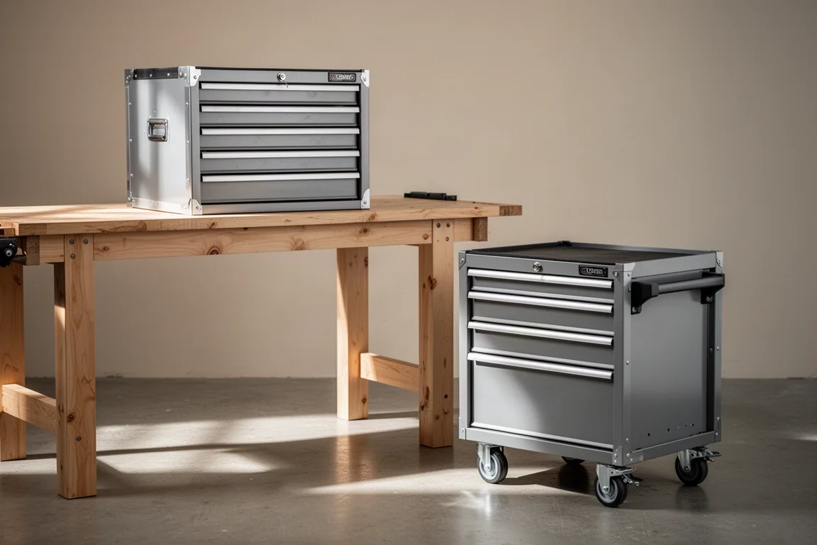Caja de herramientas modular dividida en dos piezas, una sobre un banco de trabajo y otra como carrito