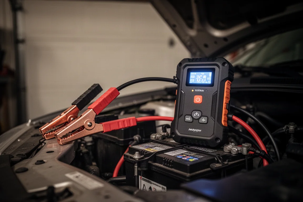 Tragbarer Jump Starter mit verbundenen Starthilfekabeln an einer Autobatterie in einer schwach beleuchteten Garage