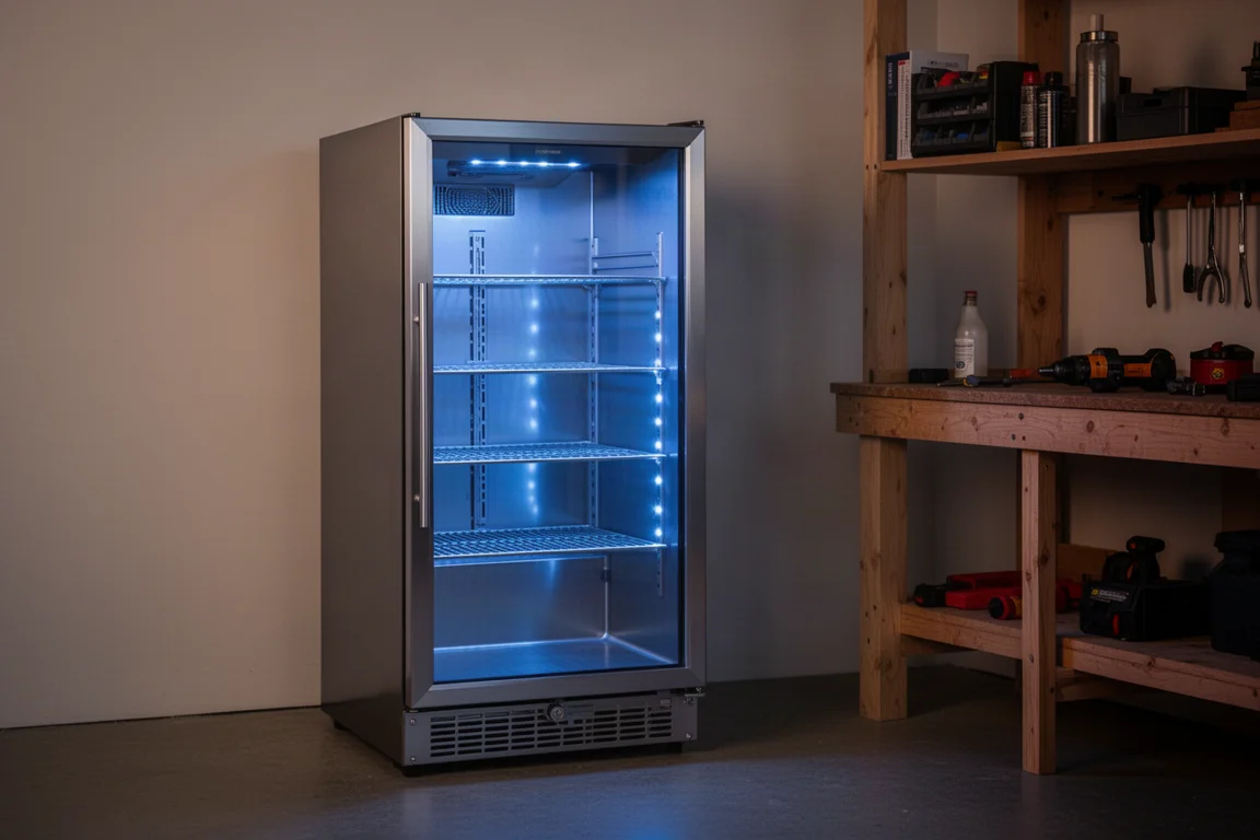 Getränkekühlschrank mit Glasfront und blauer Innenbeleuchtung in einer Werkstatt-Pausenecke