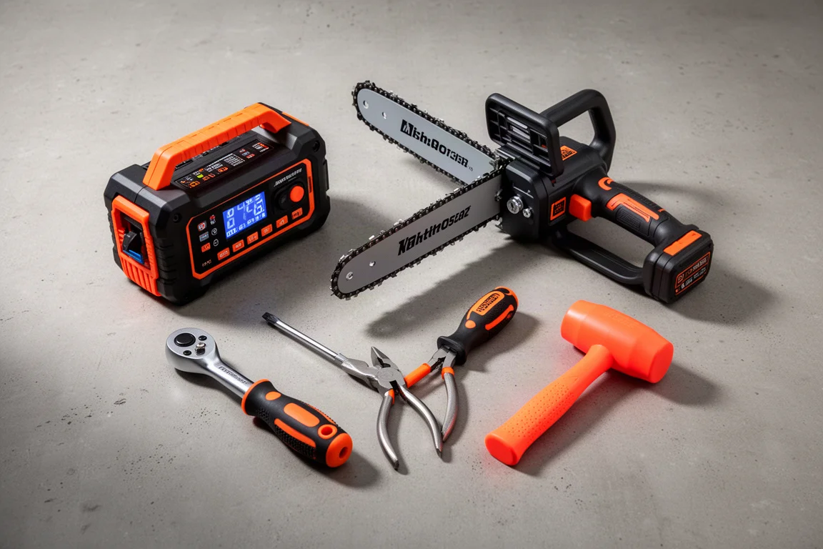 Flat-lay of workshop tools including a jump starter, mini chainsaw, screwdriver, pliers, and dead blow hammer on concrete