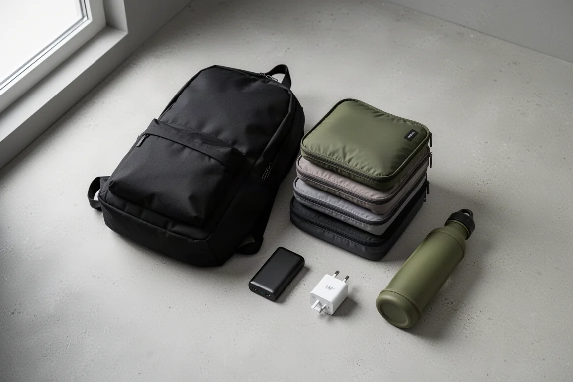 Flat-lay of budget travel gear including a backpack, packing cubes, power bank, adapter, and bottle