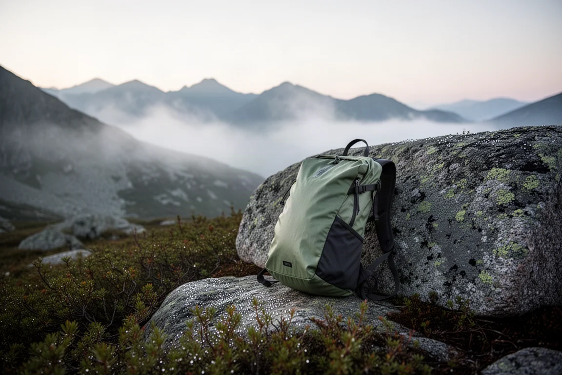 Excursionista con mochila compacta caminando por una cresta alpina al amanecer