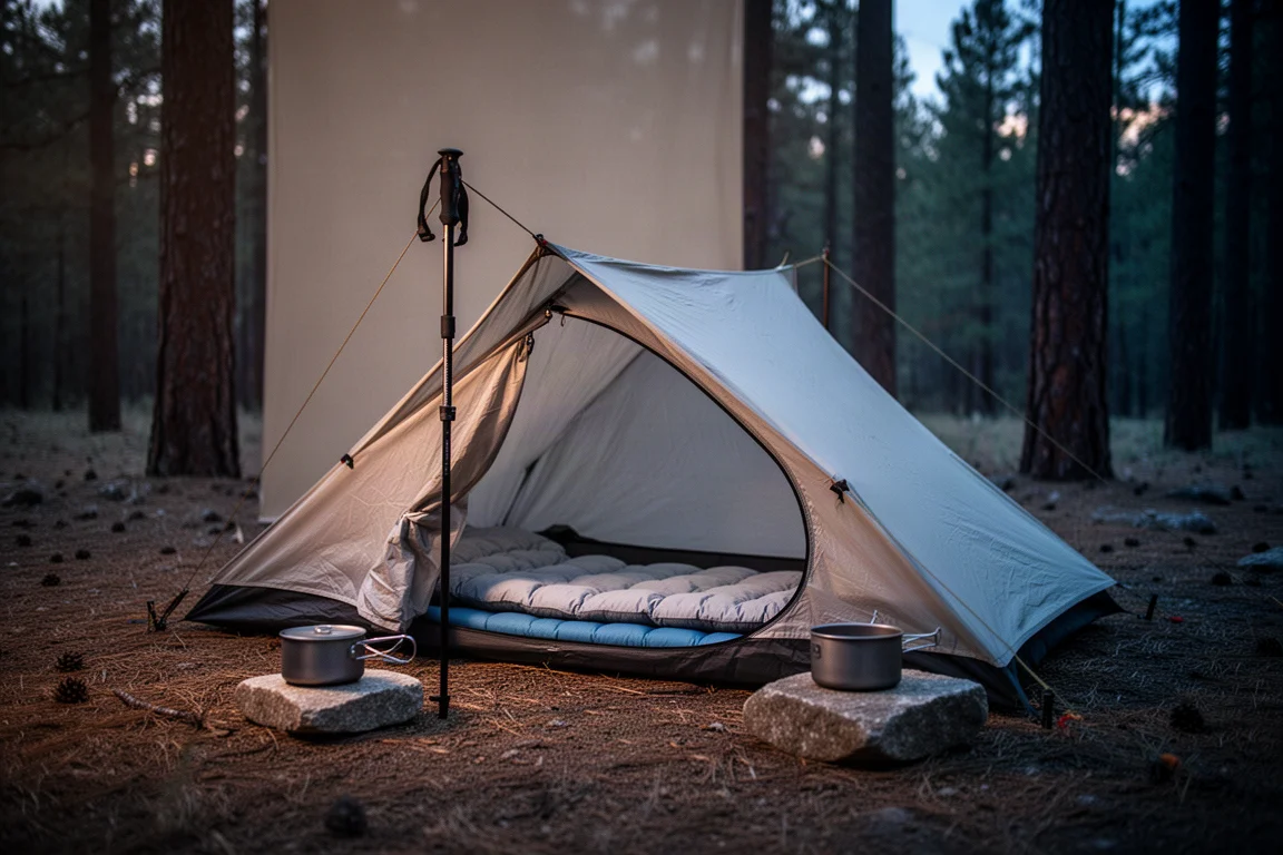 Aislante inflable extendido sobre una fina esterilla de espuma dentro de una carpa al atardecer