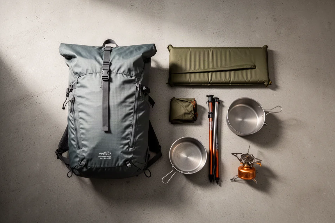 Platt uppläggning av en ultralätt backpacking-utrustning med ramlös ryggsäck, skumplatta, skydd, kastrull och kök