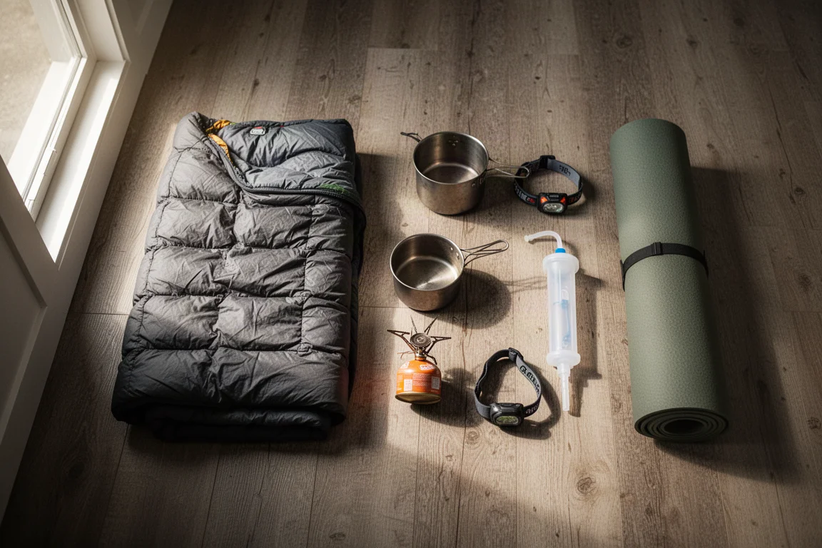 Overzicht van bovenaf van ultralight backpacking-uitrusting op een verweerde houten vloer