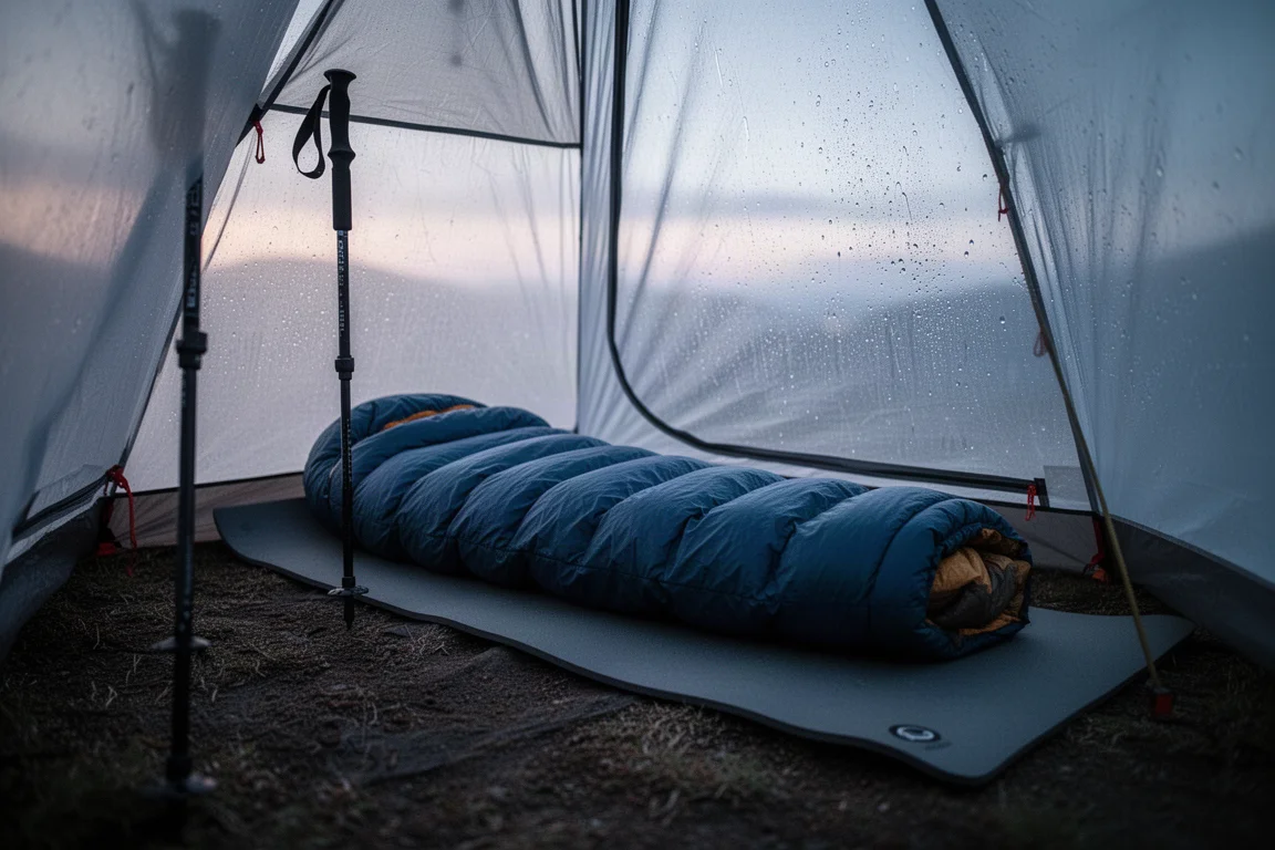 Opgebonden dons top quilt en slaapmat in een éénpersoons trekking pole-tent bij zonsopgang