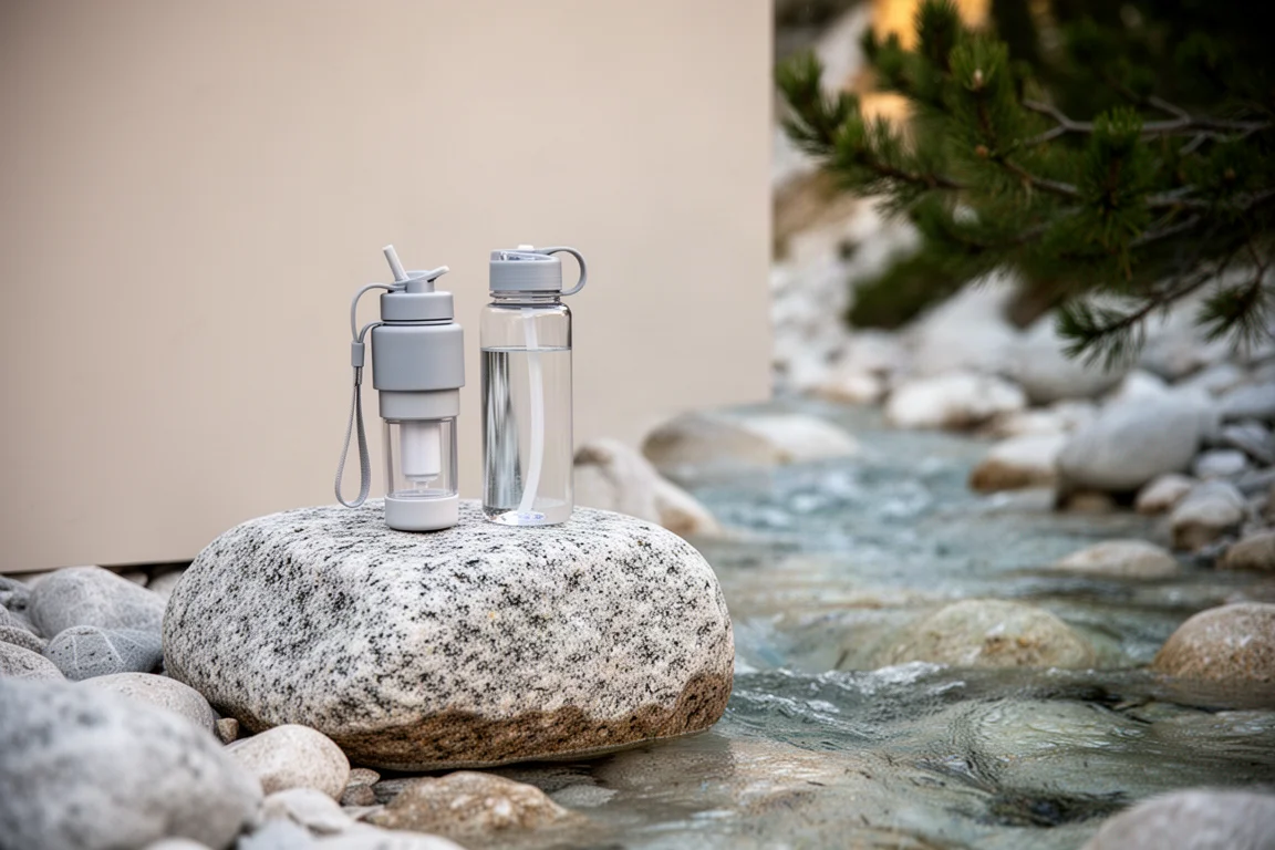 Squeeze waterfilter en twee transparante flessen op een granieten rots naast een alpiene beek