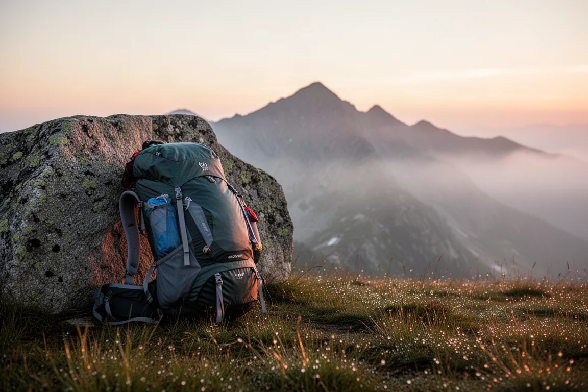 Geladen ultralight rugzak leunend tegen graniet bij zonsopgang met mistige bergkam op de achtergrond