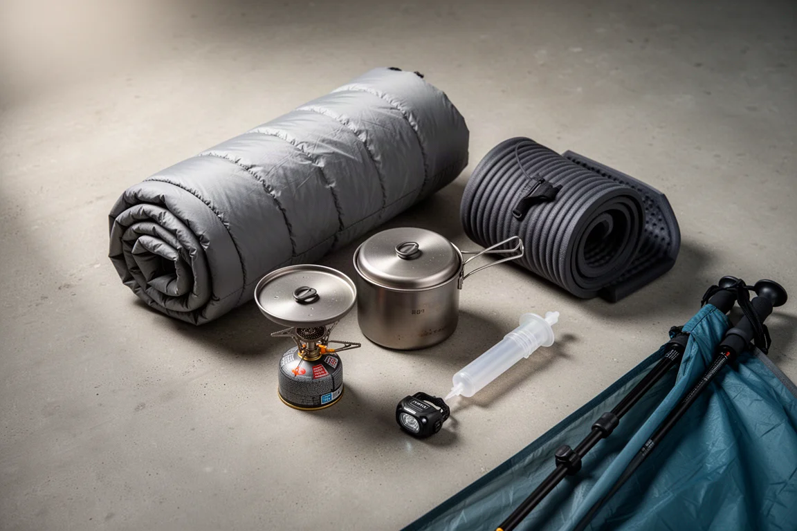 Ultralight backpacking gear arranged overhead on a matte concrete surface