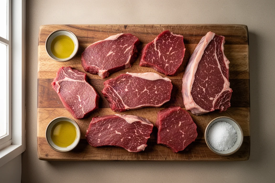 Rohfleisch-Steaks unterschiedlicher Dicke liegen vor dem Kochen auf einem Metzgerbrett