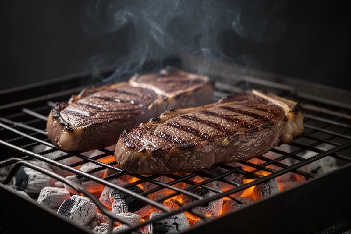Rump-Steaks brutzeln über glühender Holzkohle, leichter Rauch steigt auf
